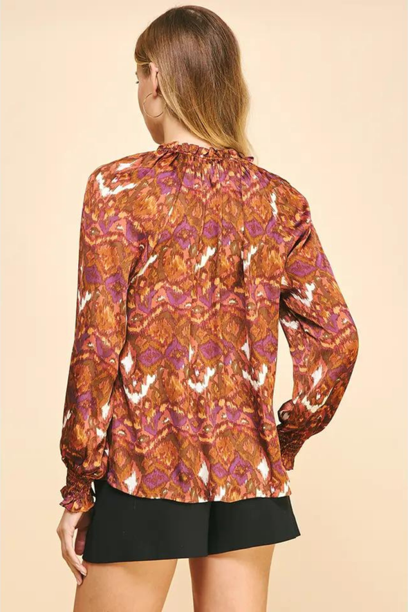 Long Sleeve Satin Top - Rust Multi