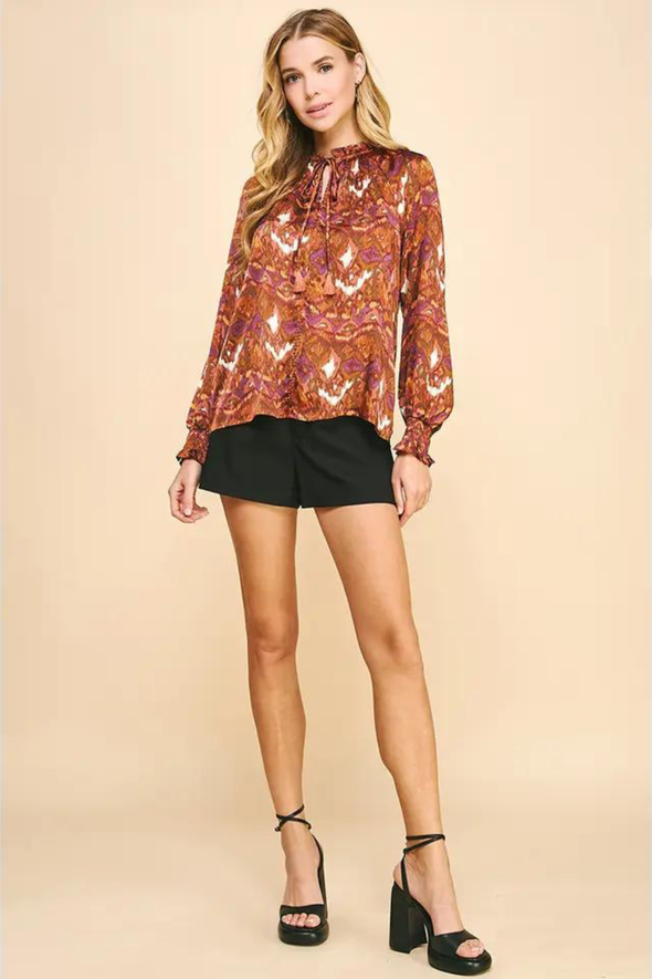 Long Sleeve Satin Top - Rust Multi