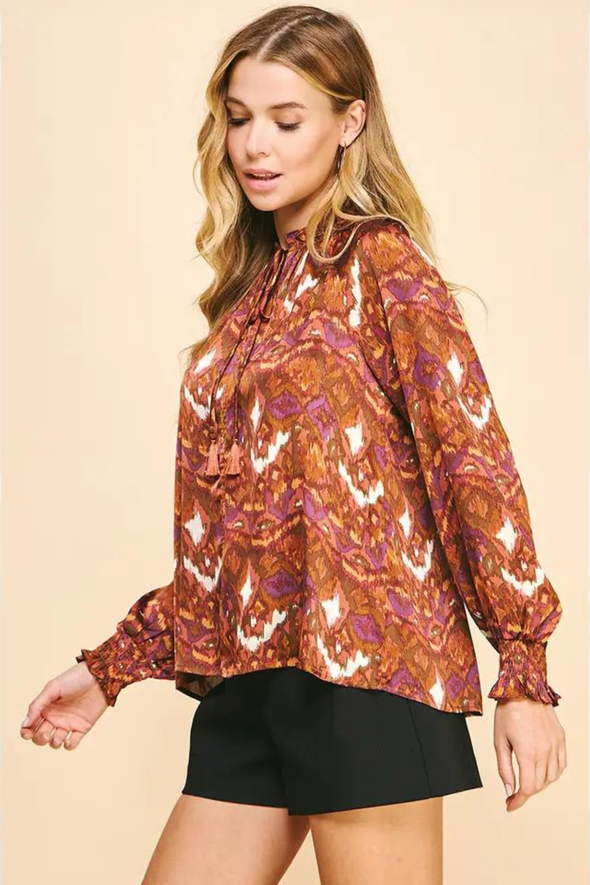 Long Sleeve Satin Top - Rust Multi