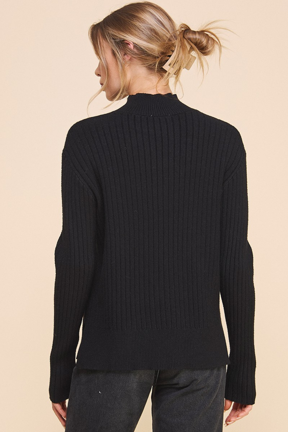 Mock Neck Ribbed Sweater - Black