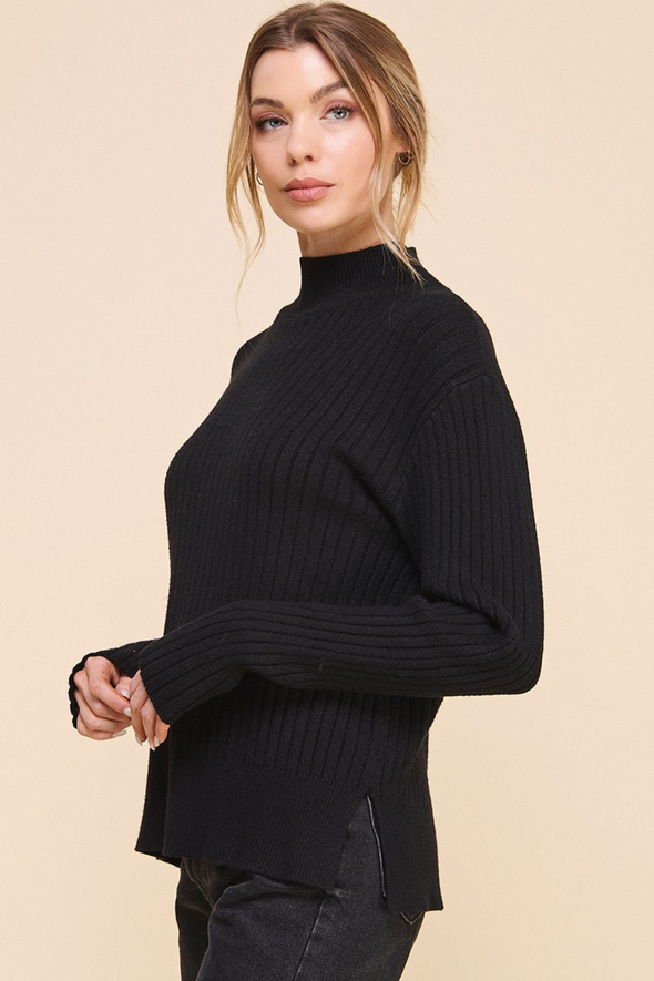 Mock Neck Ribbed Sweater - Black