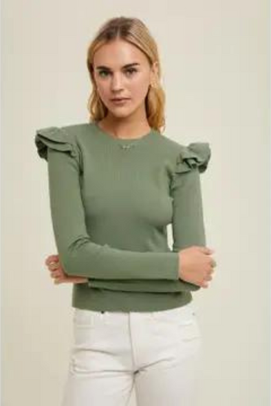 Ruffle Shoulder Sweater - Olive