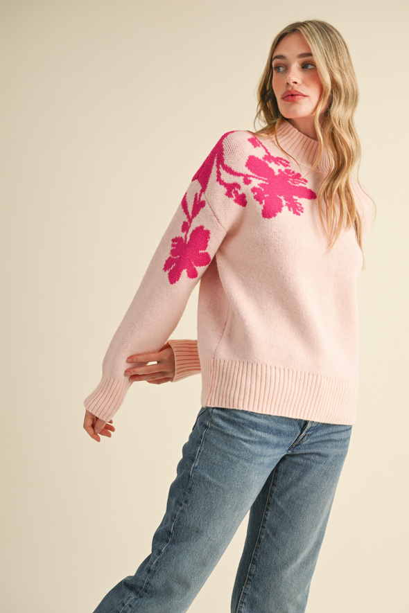 Mock Neck Floral Sweater - Pink