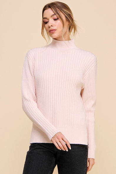 Mock Neck Ribbed Sweater - Light Pink