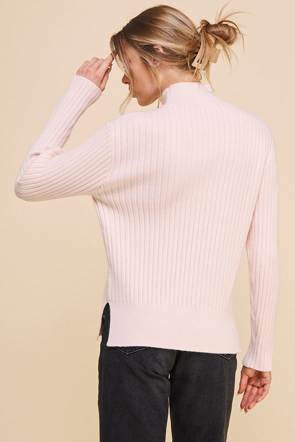 Mock Neck Ribbed Sweater - Light Pink