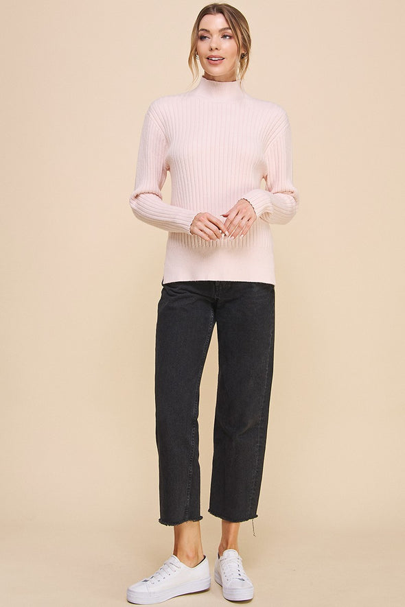 Mock Neck Ribbed Sweater - Light Pink