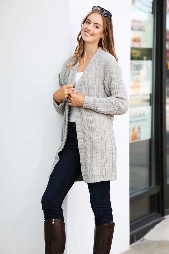 Cable Knit Chenille Cardigan - Gray