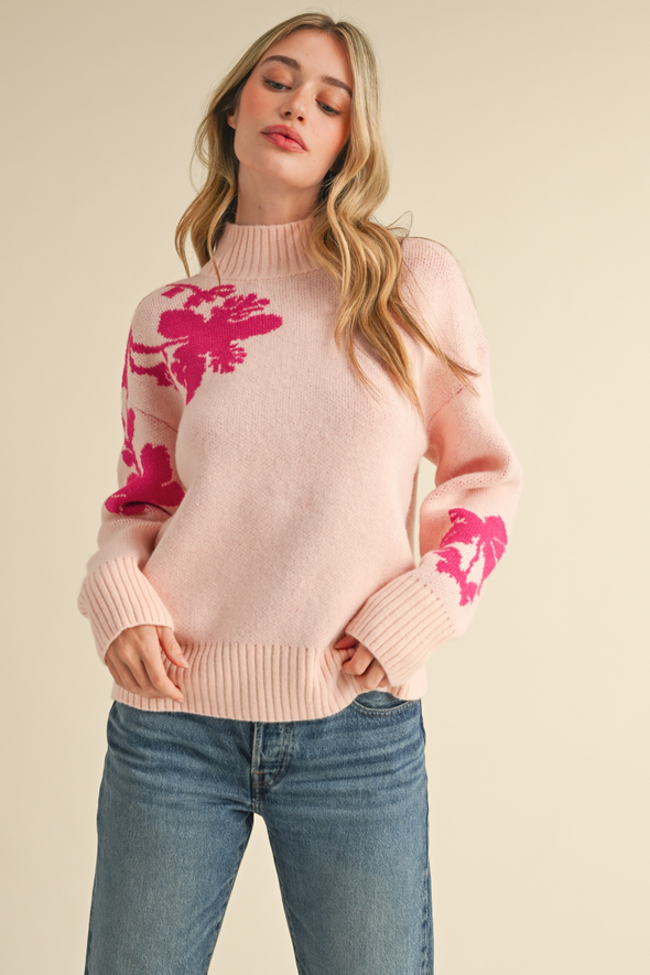 Mock Neck Floral Sweater - Pink