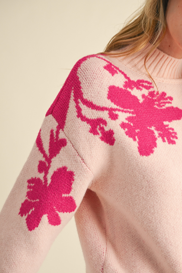 Mock Neck Floral Sweater - Pink