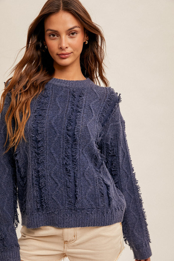 Round Neck Sweater with Fringe Detail - Navy