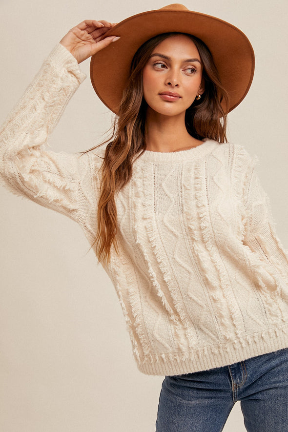 Round Neck Sweater with Fringe Detail - Ivory