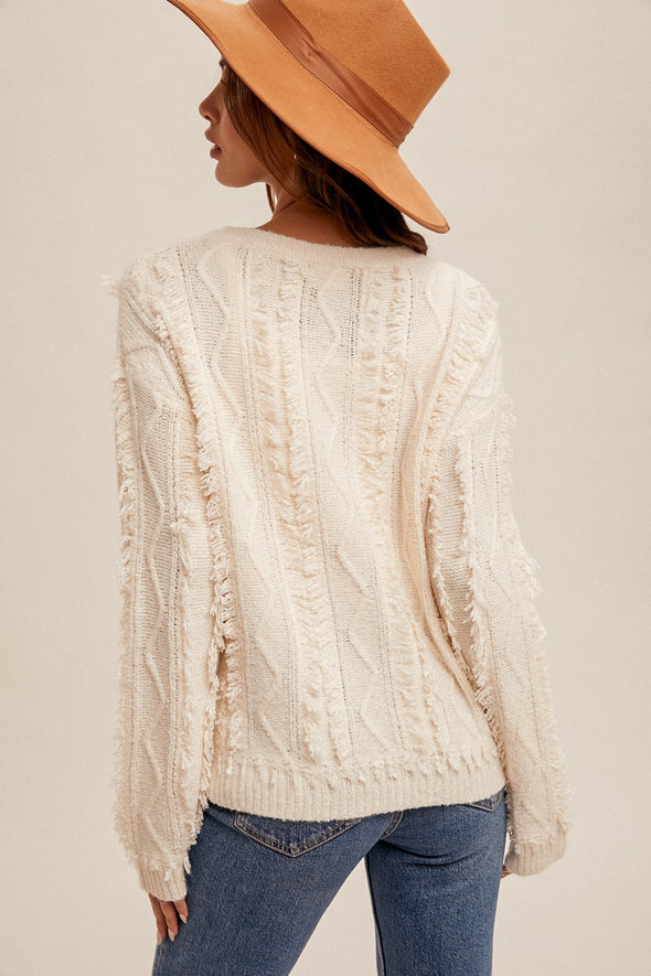 Round Neck Sweater with Fringe Detail - Ivory