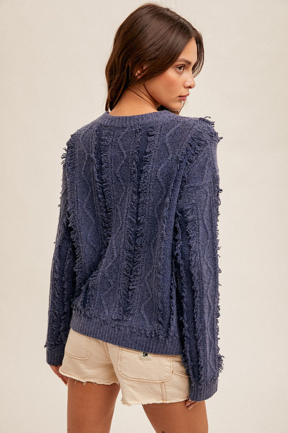 Round Neck Sweater with Fringe Detail - Navy