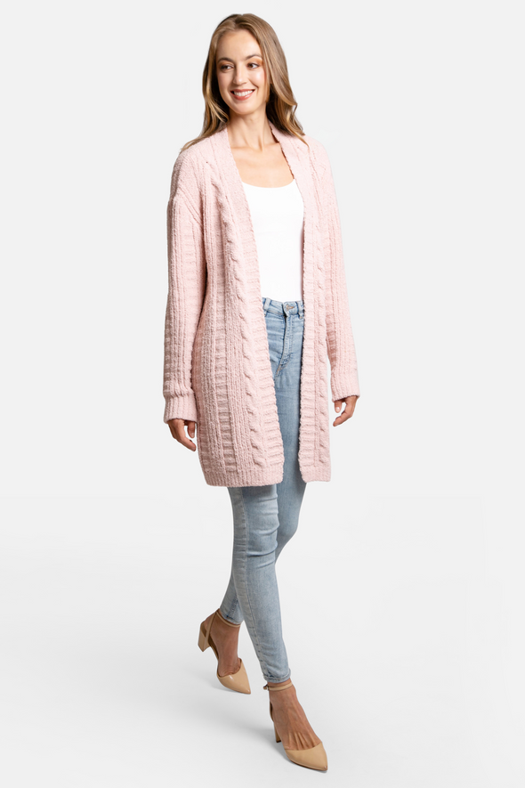 Cable Knit Chenille Cardigan - Pink