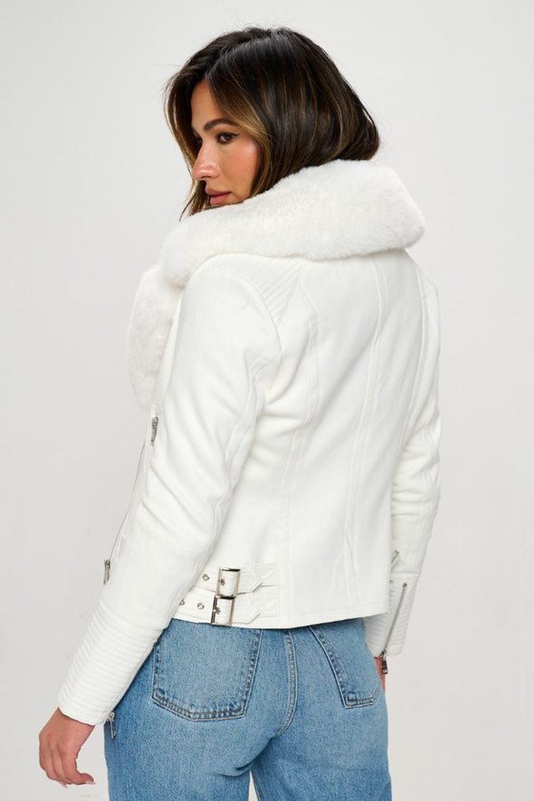 Faux Suede Jacket with Removable Faux Fur Collar - White