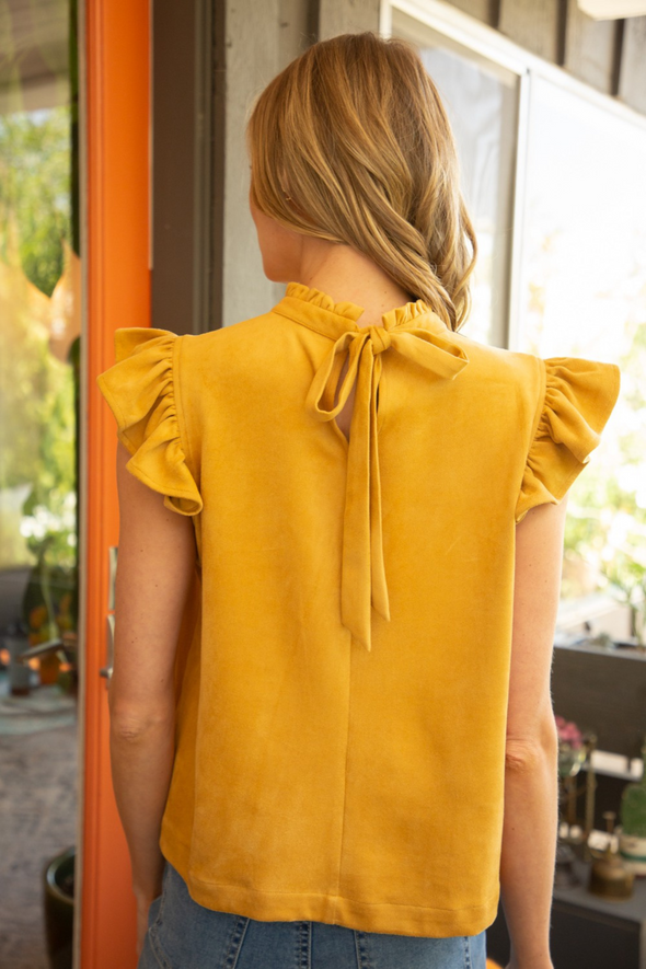 Faux Suede Flutter Sleeve Shirt - Dark Yellow