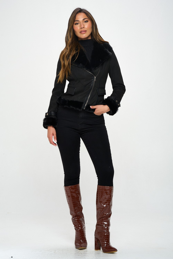 Vegan Suede Moto Jacket - Black