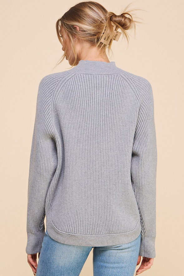 Mock Neck Ribbed Sweater - Gray