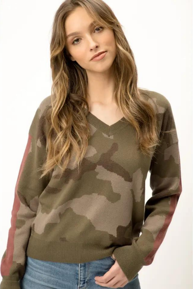 V-neck Sweater - Camo Print