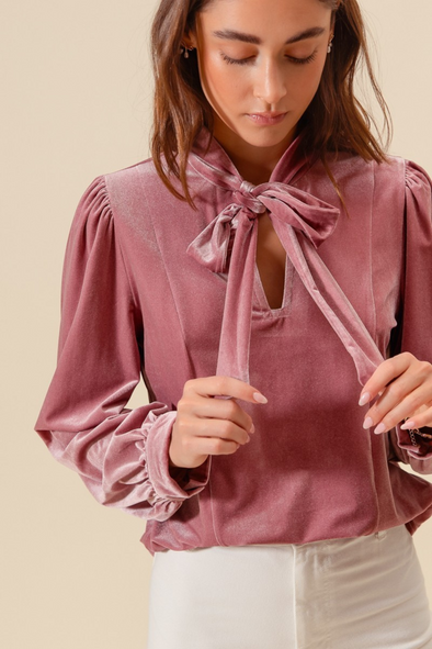 Velvet Bow Tie Blouse - Pink