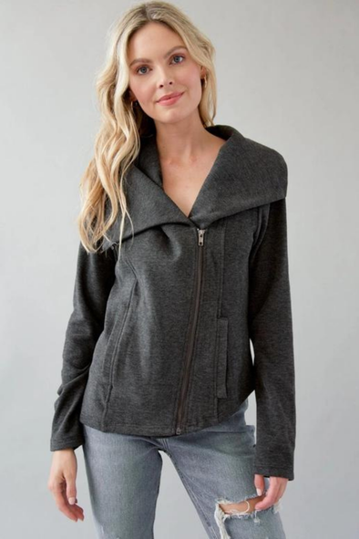 Zip Front Knit Sweatshirt - Gray