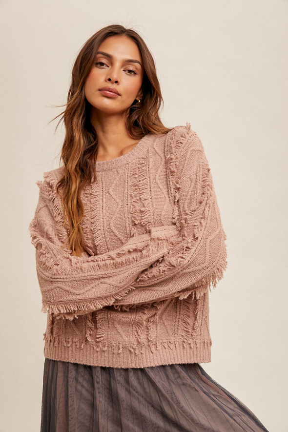 Round Neck Sweater with Fringe Detail - Mauve