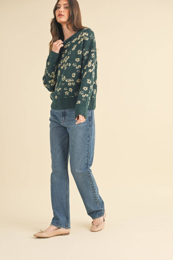 Floral Print Sweater - Green/Taupe