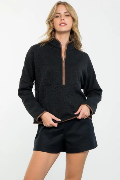 Half Zip Up Textured Pullover - Black