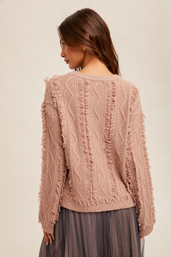 Round Neck Sweater with Fringe Detail - Mauve