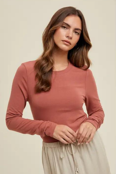 Basic Fitted Knit Top - Brick