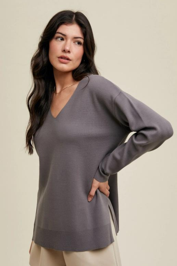 V-neck Sweater with Side Slits - Gray