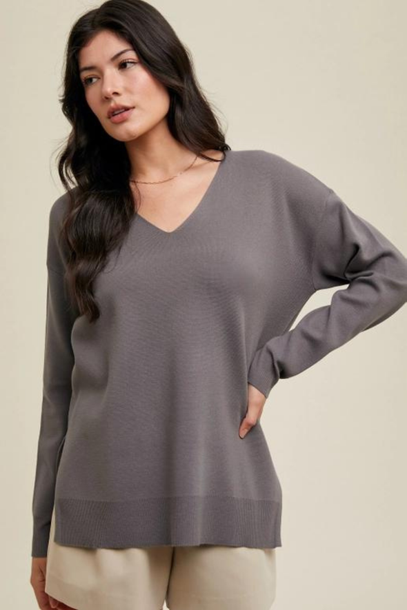 V-neck Sweater with Side Slits - Gray