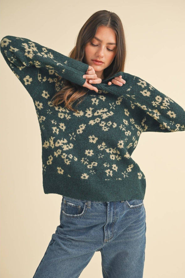 Floral Print Sweater - Green/Taupe