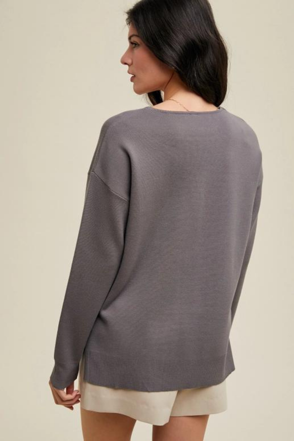 V-neck Sweater with Side Slits - Gray