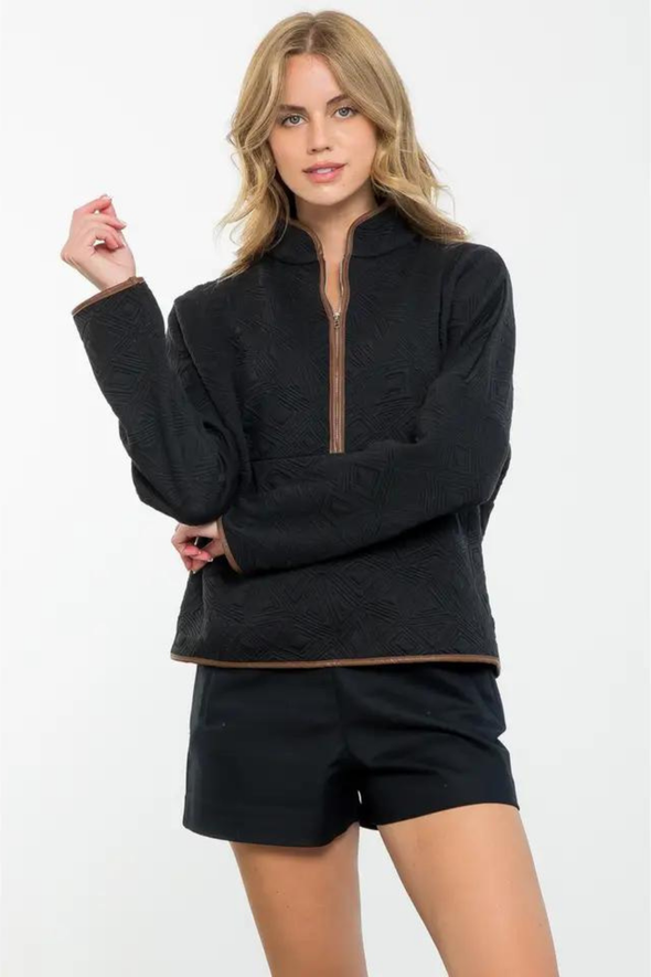 Half Zip Up Textured Pullover - Black