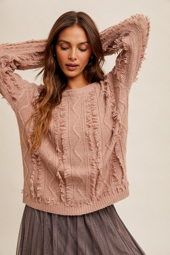 Round Neck Sweater with Fringe Detail - Mauve