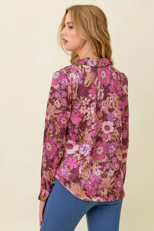 Front Tie Printed Satin Shirt - Purple Multi