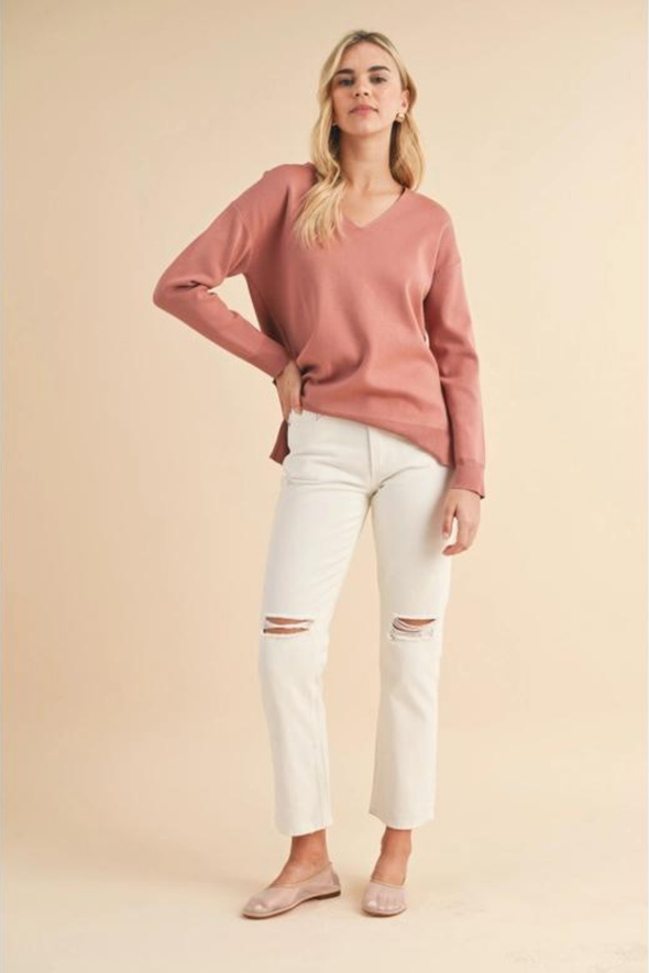 V-neck Sweater with Side Slits - Rose