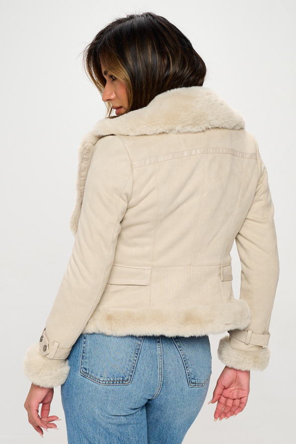 Vegan Suede Moto Jacket - Cream