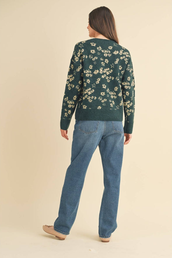 Floral Print Sweater - Green/Taupe