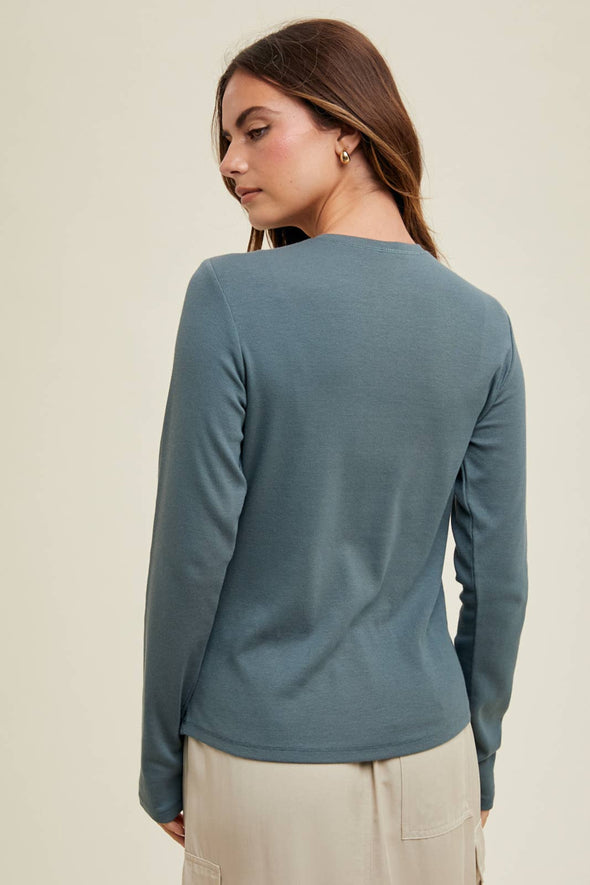 Ribbed Long Sleeve Henley Shirt - Teal