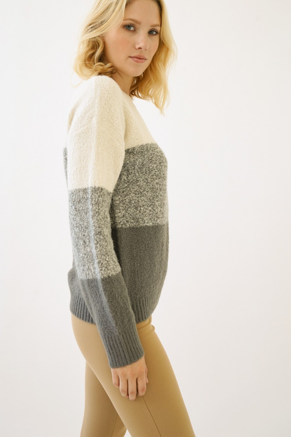 Color Block Balloon Sleeve Sweater - Ivory / Charcoal