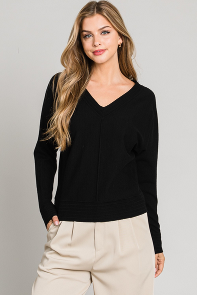 V-Neck Pullover Sweater with Center Seam - Black