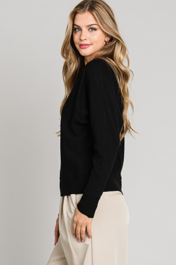 V-Neck Pullover Sweater with Center Seam - Black