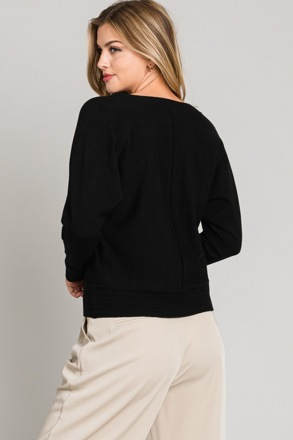 V-Neck Pullover Sweater with Center Seam - Black