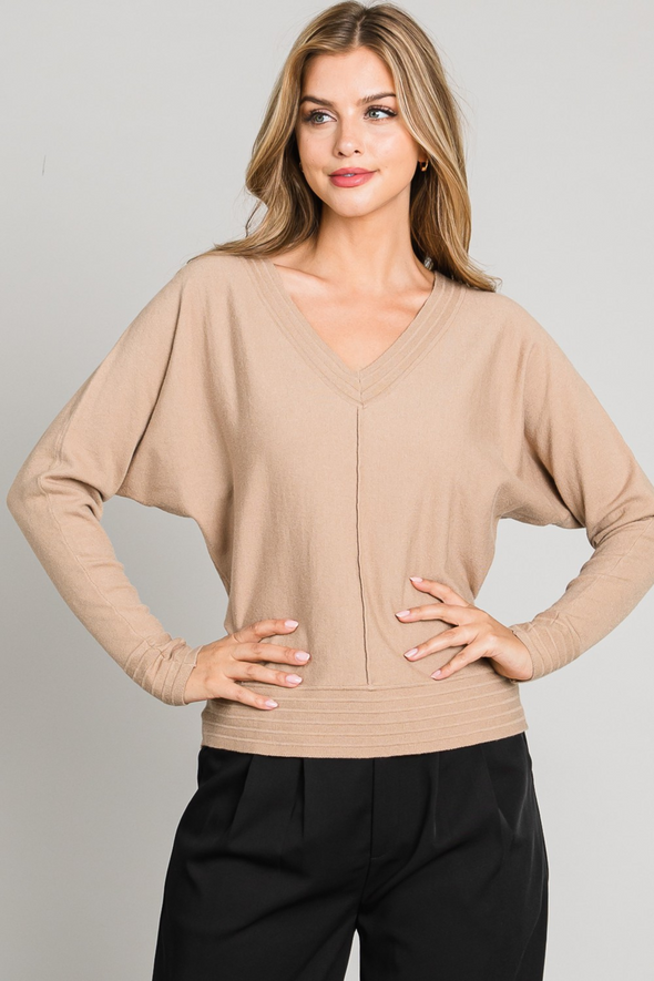 V-Neck Pullover Sweater with Center Seam - Camel