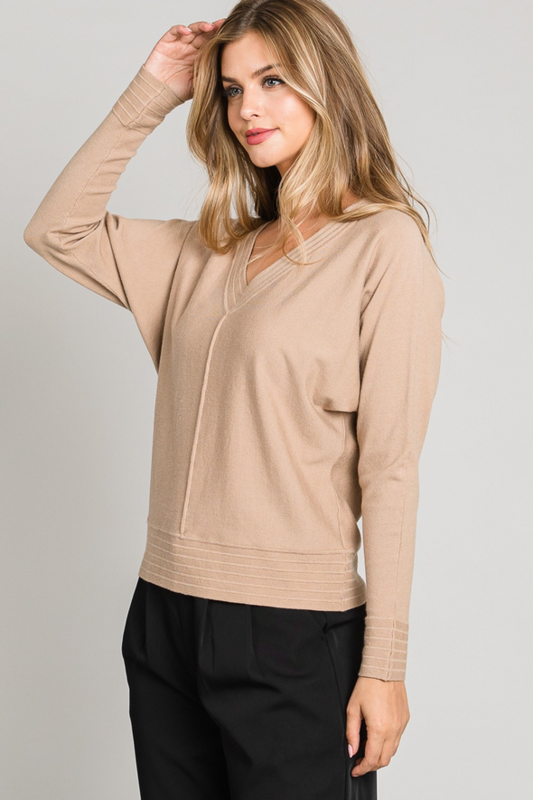 V-Neck Pullover Sweater with Center Seam - Camel