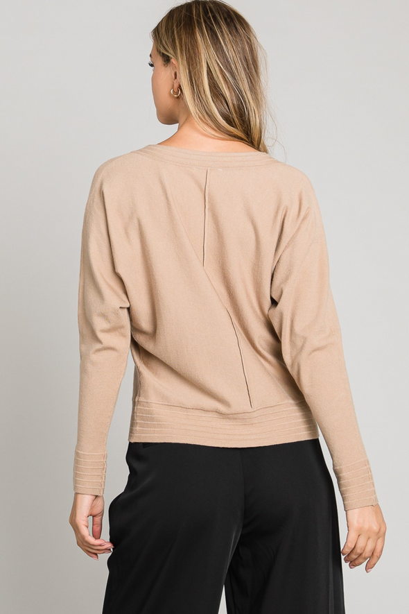 V-Neck Pullover Sweater with Center Seam - Camel